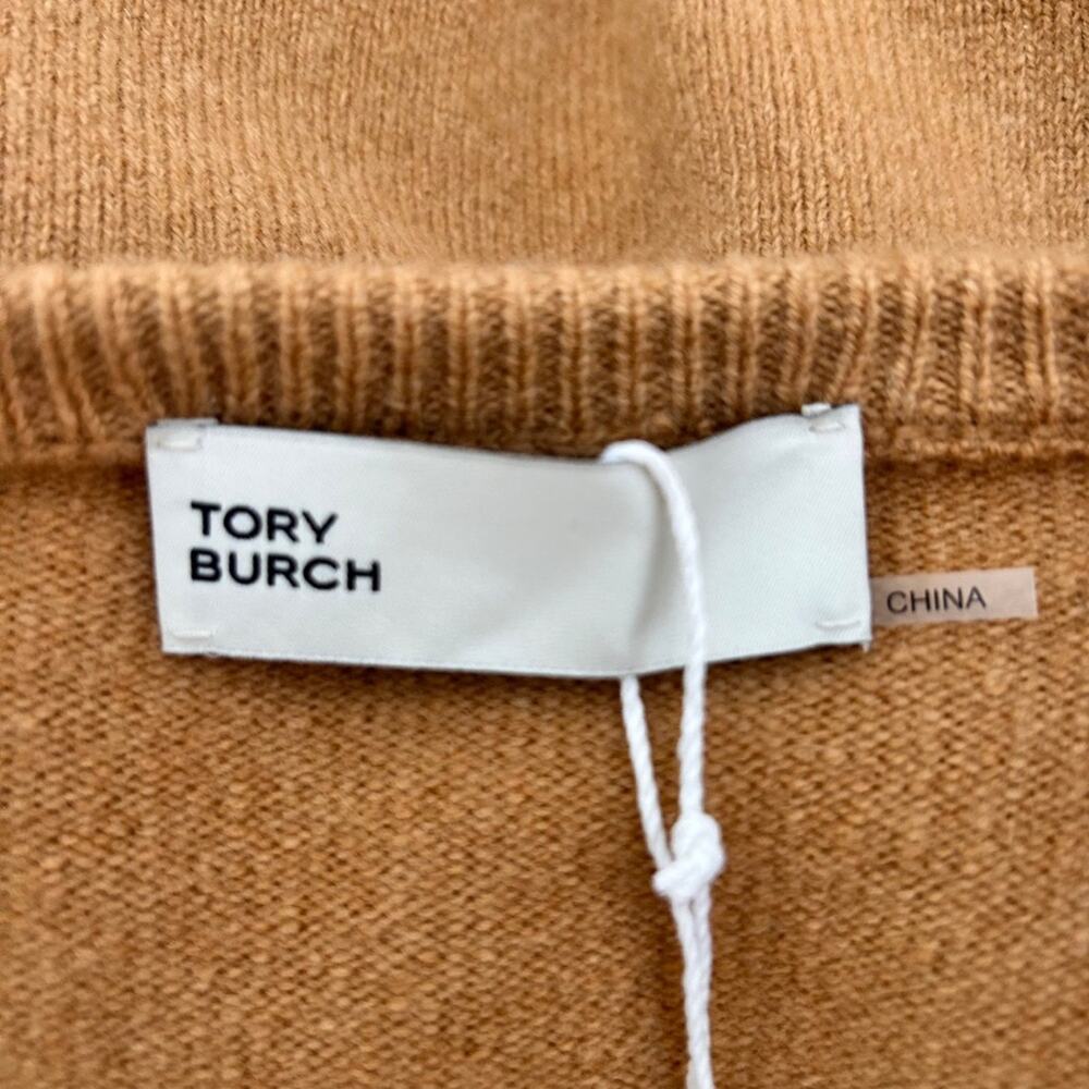 Tory Burch Wool V Neck Sweater Scrunch Sleeve XL NWT Warm Sand Melange - Picture 6 of 9